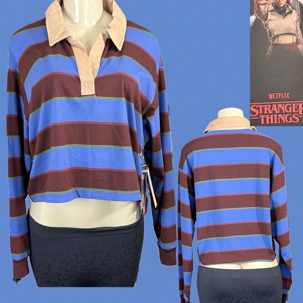 Netflix Stranger Things Striped Rugby Shirt Long Sleeve Crop Collar Womens +XXL